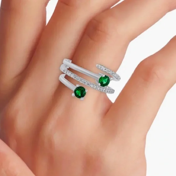 Kenneth Jay Lane Silver Spiral Ring with Emerald Green Crystals - Picture 3 of 8